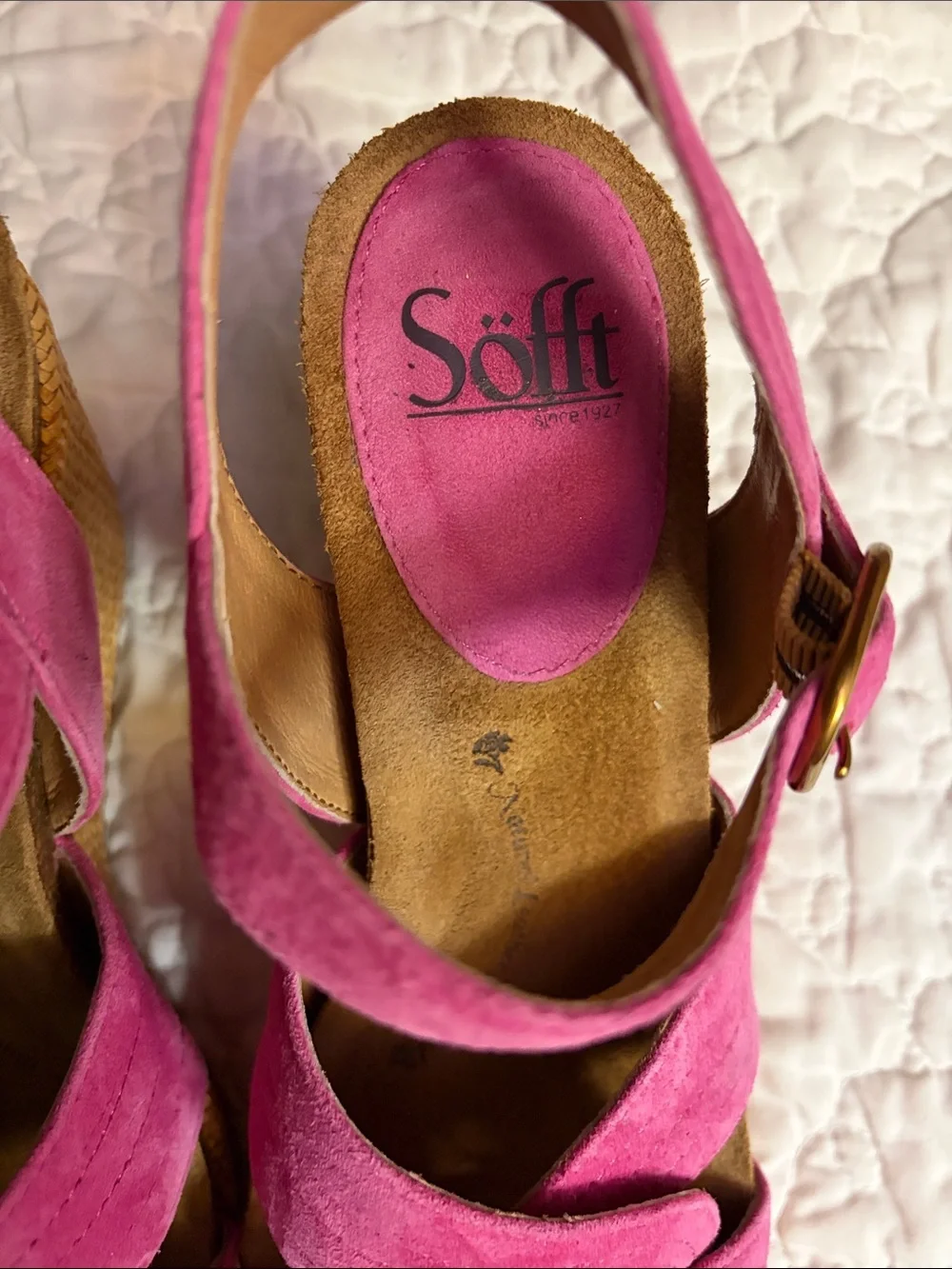 Sofft Hot Pink Suede Wedge Sandals with Ankle Buckle
